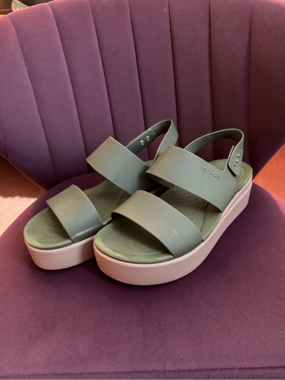 CROCS Women’s Olive Green Platform Sandals with Cream Sole